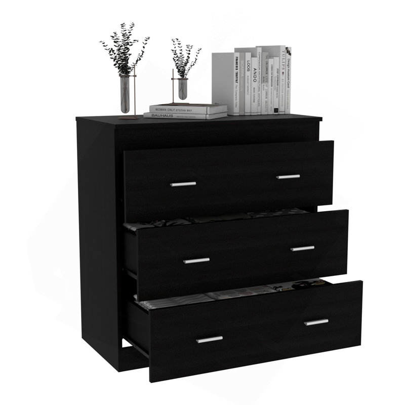 Commode à trois tiroirs Georgia, poignées en métal, plateau supérieur - noir