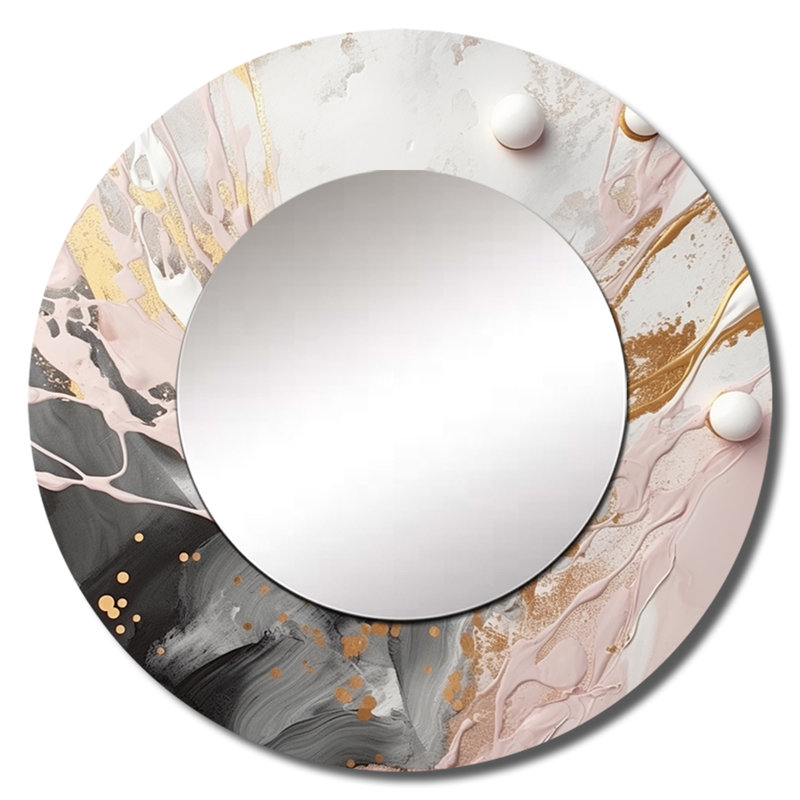 Marbre mystérieux opposé gris et rose d'Oppen, miroir mural rond unique moderne, art imprimé en métal, 23 po x 23 po