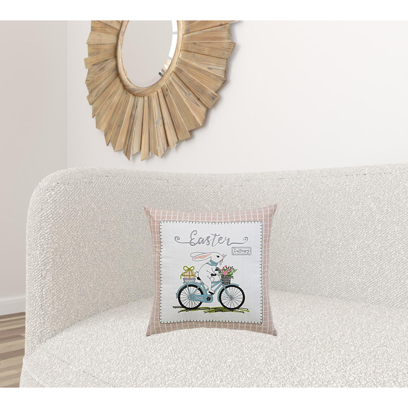 17" X 17" Light Pink Checkered Easter Bunny On Bicycle Throw Pillow