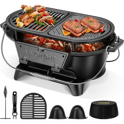 Oval Cast Iron Grill with Interchangeable Grates & Griddle, 2 Furnace Doors