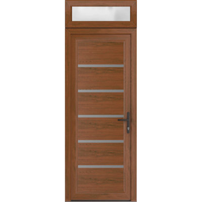 Porte d'entrée extérieure prémontée en PVC-U, modèle Manux 8415, finition noyer, imposte latérale, pour bureaux, commerces et habitations. Convient à l'entrée, au patio et au garage. Dimensions : 91,4 cm x 238,9 cm (L 91,4 cm x H 203,2 cm + 35,6 cm). Ouverture à gauche vers l'intérieur.