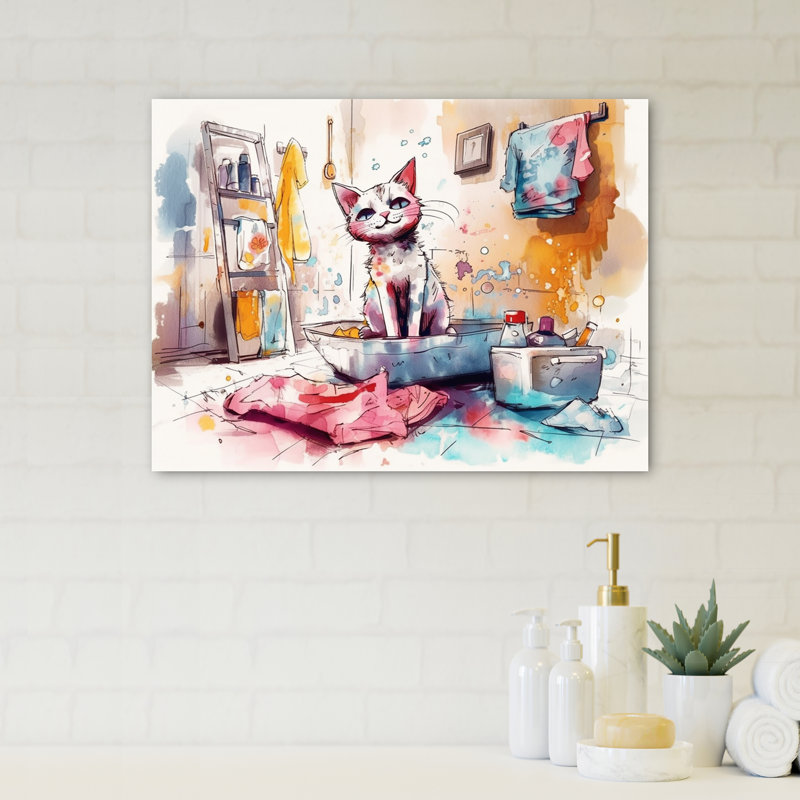 Chat coloré dans la salle de bain - animaux, art mural pour salle de bain, H 24 po x l 32 po x P 1 po