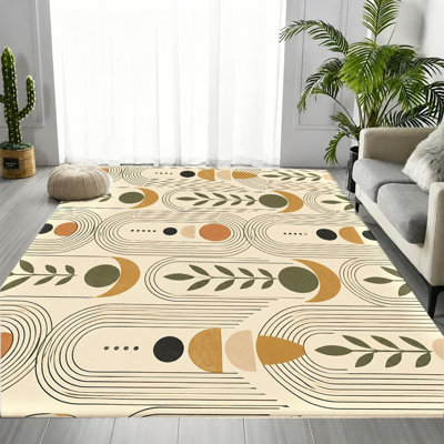 Tapis abstrait bohème abstrait, motif de lune et de feuilles en terre cuite beige crème, motif d'arche géométrique, tapis de protection antidérapant, décoration intérieure artistique pour salon, chambre à coucher, salle à manger, salle de jeux, appartement