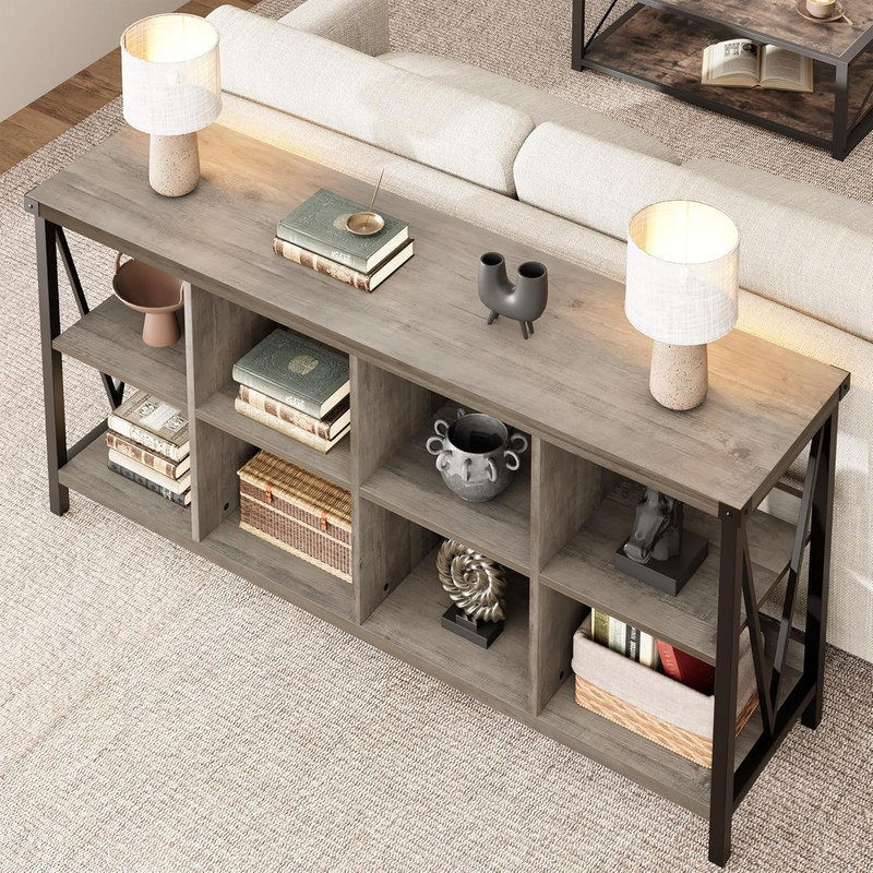 Console de rangement 62 pouces à 8 compartiments, bibliothèque horizontale à 3 niveaux pour bureau de salon, Bois gris
