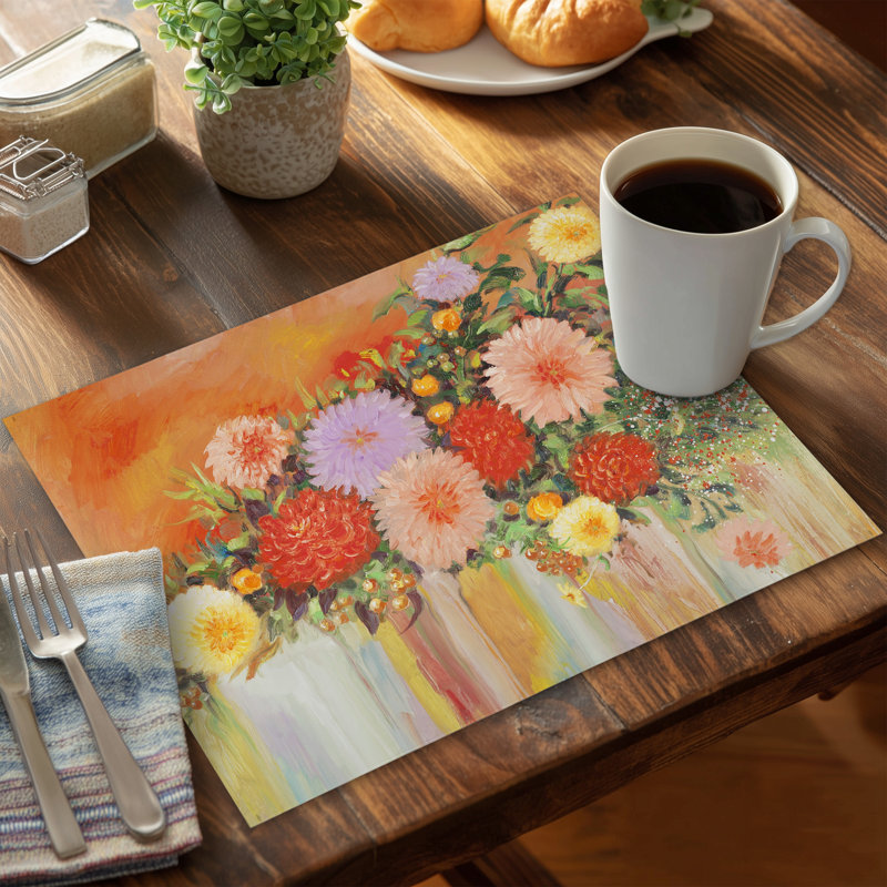 Botanical Orange Polyester Placemat - Colorful Abstract Flowers