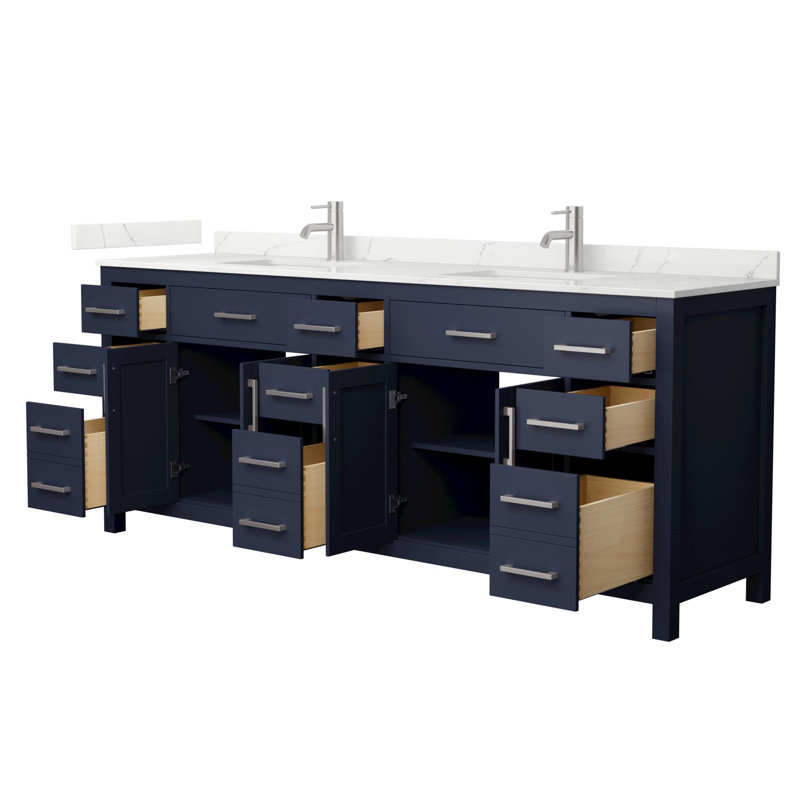 Beckett 84" Freestanding Double Bathroom Vanity with Quartz Top, Brushed Nickel, Giotto Quartz, Dark Blue