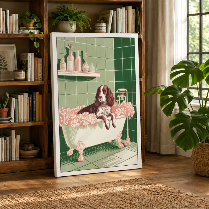 Spaniel's Bubble Bath Novelty - Wrapped Canvas, 24x16 - 61.0 x 40.6 cm, Black Border