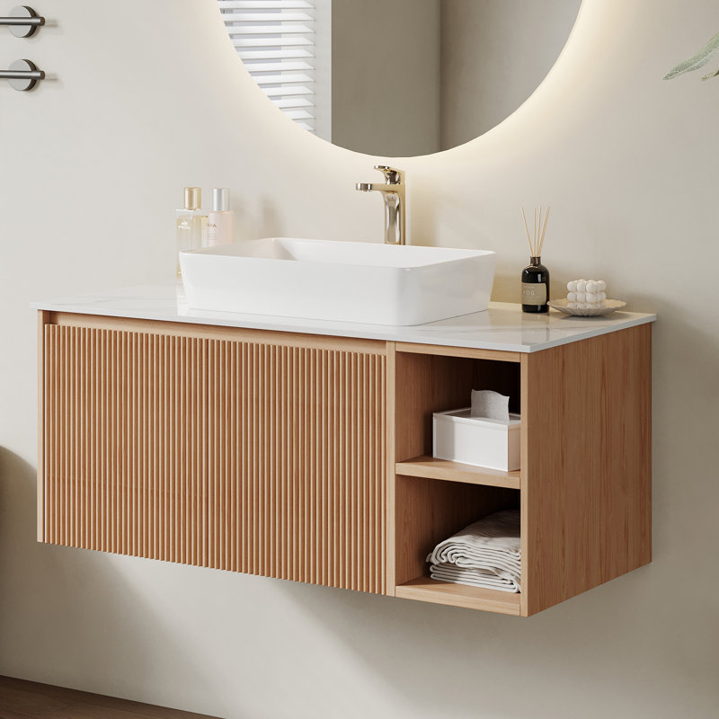 Modern 36" Floating Bathroom Vanity, Luxury Faux Marble Top & Wood Base, White, Light Wood