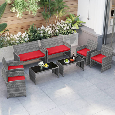 8 Piece Patio Furniture Set Outdoor Wicker Conversation Set w/ Tempered Glass Coffee Table