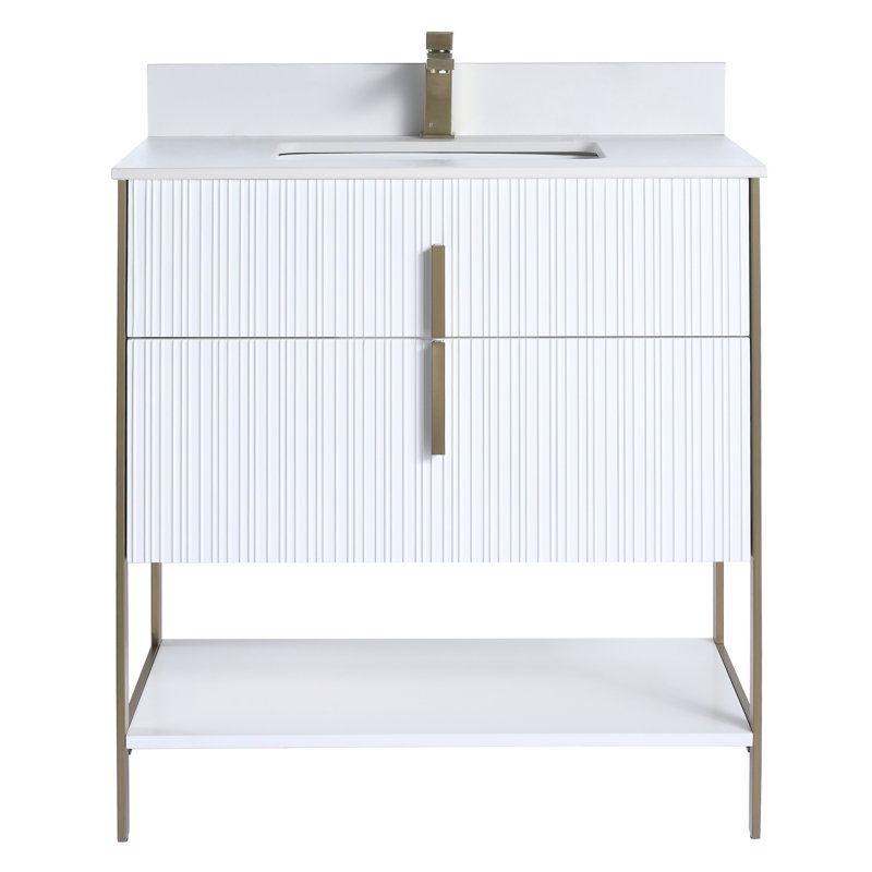 Meuble-lavabo moderne avec plateau en pierre blanche Fine Fixtures Serenity, Blanc mat / laiton, 30"