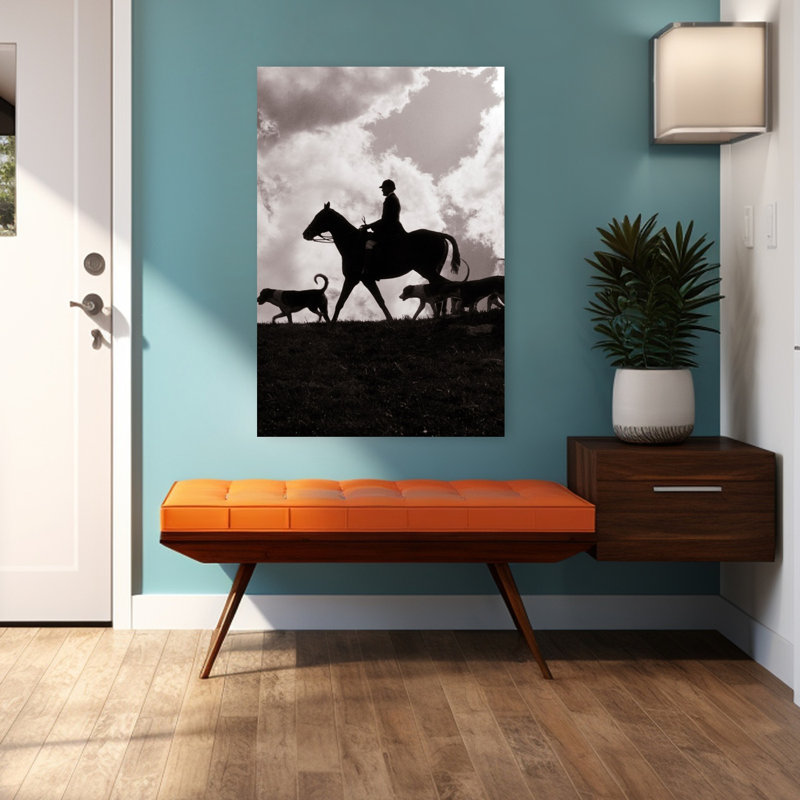 Silhouette des années 1930 du maître des chiens à cheval avec des chiens Foxhound menant le Foxhunt, H 48 po x l 32 po