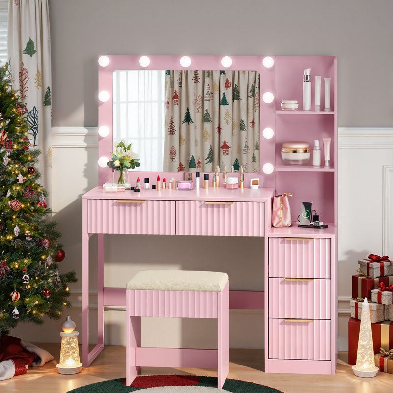 Ensemble de meuble-lavabo lumineux - 11 ampoules à 3 couleurs à intensité variable, 5 tiroirs, Rose