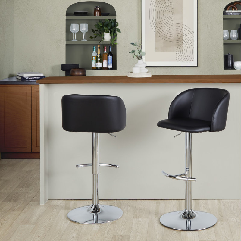 Terrance Adjustable Bar Stools With Rounded T Footrest, Chrome, Black