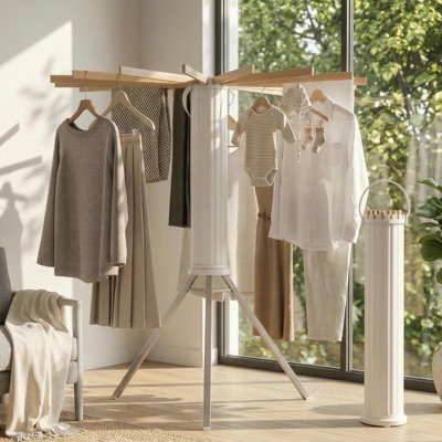 Clothes Drying Rack Foldable, Laundry Drying Rack Clothing with 16 Wooden Rods and 3 Aluminum Legs