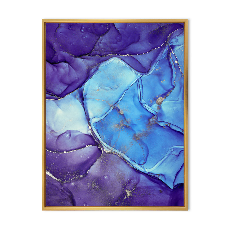 Encre de marbre bleue et mauve abstraite III - peinture sur toile, H 44 po x l 34 po, Toile à cadre flottant doré