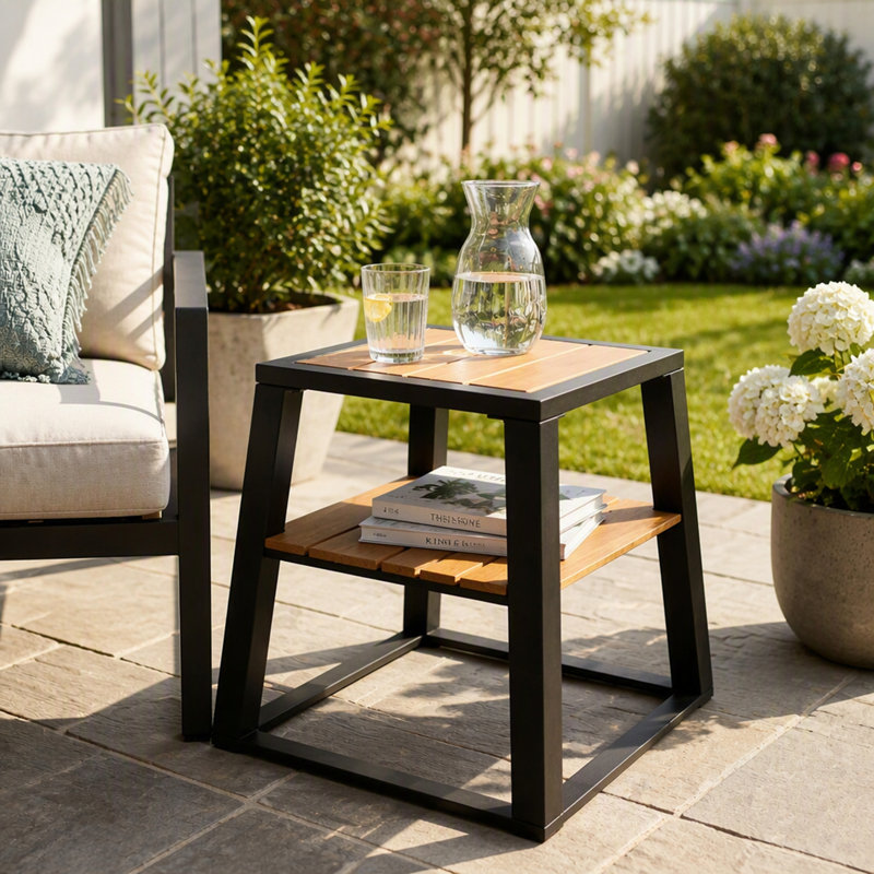 Table d'appoint d'extérieur durable en bois d'acacia à 2 niveaux avec structure en fer, résistante aux intempéries et tablette de rangement