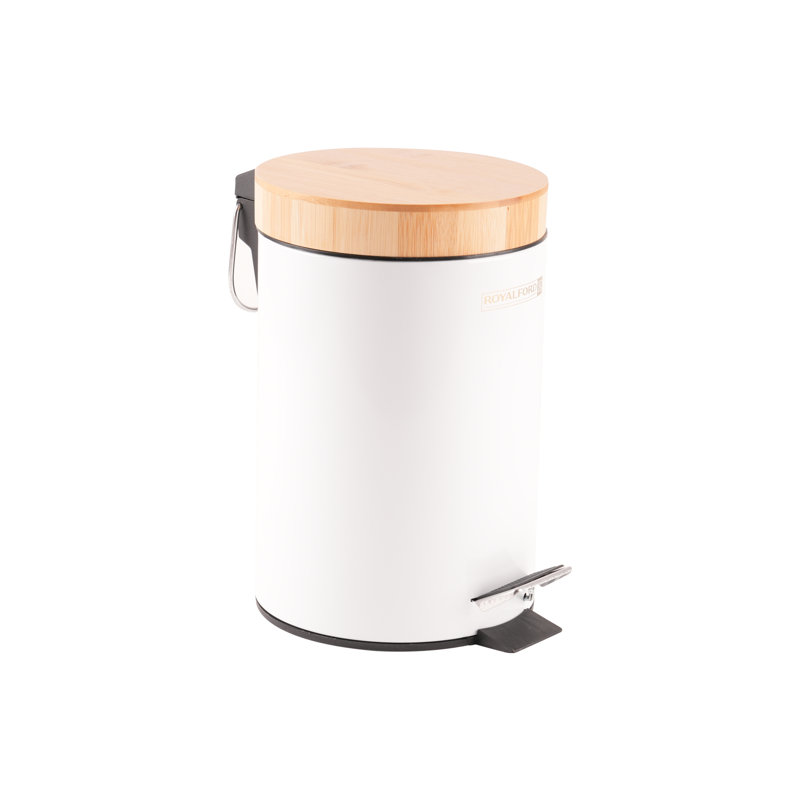 ROYALFORD Pedal Bin with Bamboo Lid and Removable Basket - Soft Close Round Waste Container for Kitchen, Bedroom, Bathroom, Office