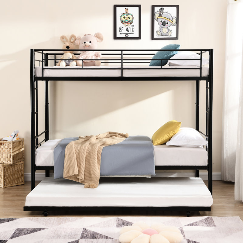 Lit superposé simple au-dessus de métal noir avec lit gigogne - configuration de chambre à coucher moderne et confortable, solution d'économie d'espace, système en acier, performance stable et silencieuse, conception d'escalier sécuritaire, instructions d'assemblage claires, s'adapte
