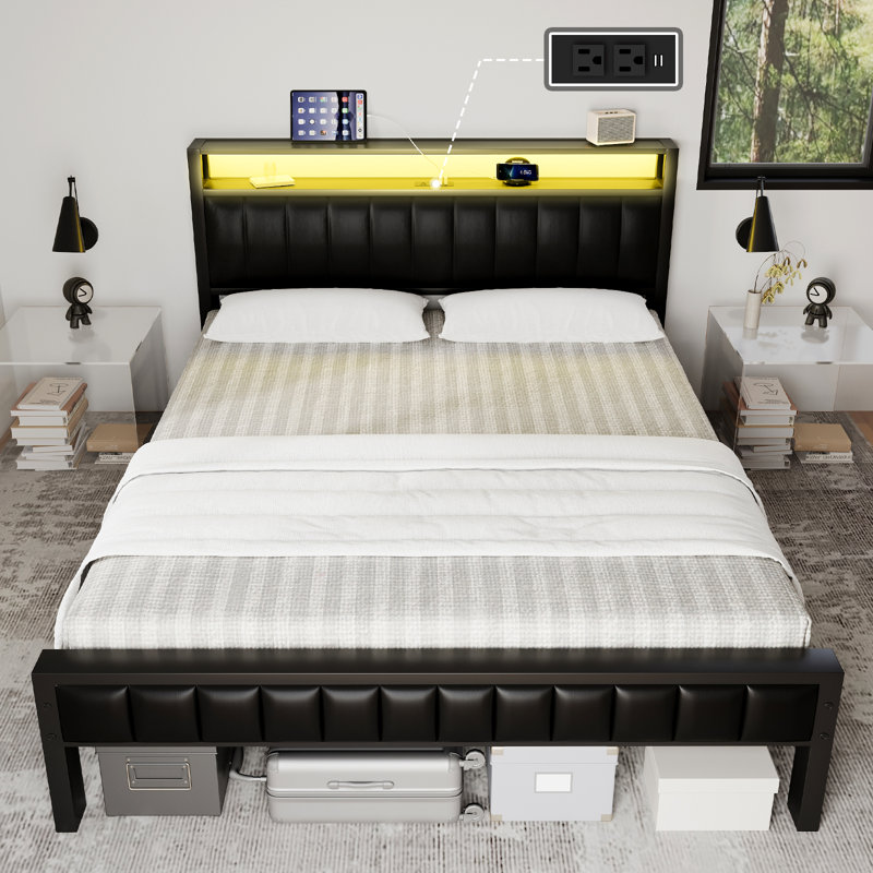 Tryston Bed with 2-Tier Storage Headboard & LED Light, King, Black