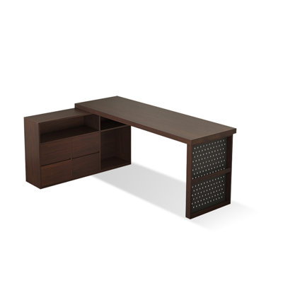 Dark-walnut + Black L-Shaped Solid Wood + Iron with 4 drawers desk
