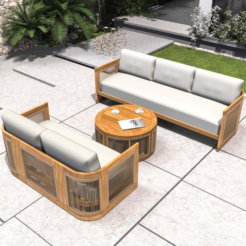 Solid Acacia 5-Seat Sofa Set With Round Coffee Table