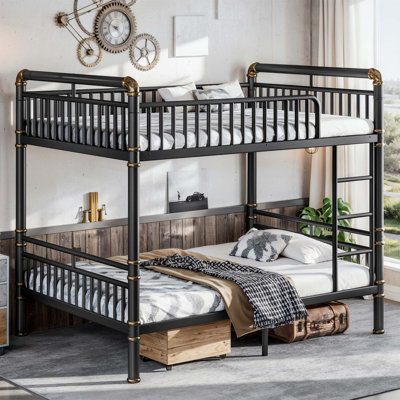 Lit superposé double au-dessus de double avec échelles et garde-corps, structure en métal à tuyaux ronds améliorés, design industriel moderne pour les adolescents et les adultes