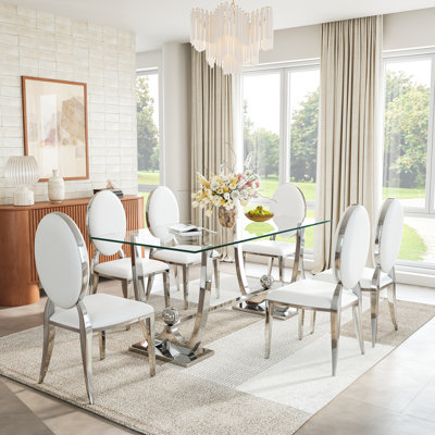 Modern 68.9" Glass Dining Table Set, 0.39" Rectangular Tempered Glass Top, Polished Stainless Steel W-Shaped Base, And PU Leather Oval-Back Chairs With Mirror Stainless Steel Legs