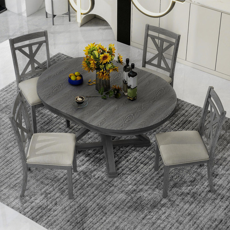 Ensemble 5 pièces de table de salle à manger rétro avec rallonge et 4 chaises rembourrées pour la salle à manger et le salon (gris)