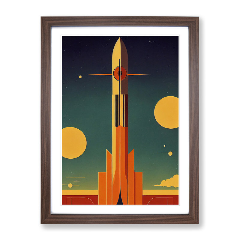 XV1022-3812X Retro Spaceship Rocket No.4 - Single Picture Frame Print, 64cm H x 46cm W x 2cm D, Walnut