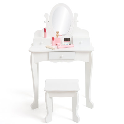 Ensemble de coiffeuse avec miroir et tiroir pour enfants – Table de maquillage et tabouret en bois robuste – Idéal pour les filles de 4 à 9 ans – Blanc, sans éclairage
