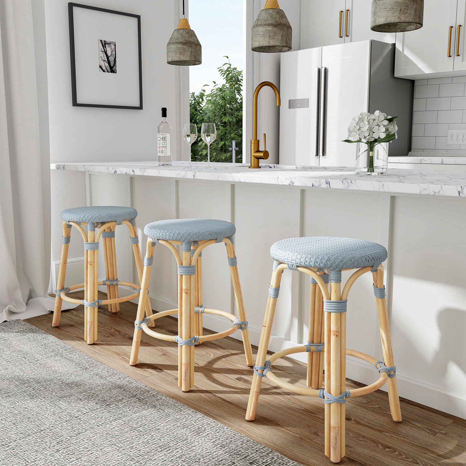 Alastair Bar & Counter Stool, Counter Stool (24" Seat Height), Baby Blue/Natural Rattan Frame