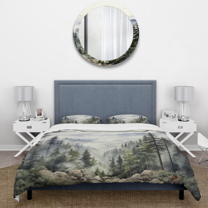 Pine Tree Misty Mountain I - Tree Pine Duvet Cover Set - Microfiber Polyester, Twin Duvet Cover + 1 Standard Sham