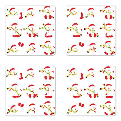 Ensemble de 4 verres de noël ambesonne, bonhomme de neige avec écharpe différentes poses amusantes noel motifs à thème de fêtes, sous-verres à panneaux carrés, taille standard, vert blanc rouge