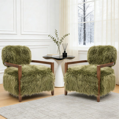 Fauteuil d'appoint 2 pièces moderne en fausse fourrure avec accoudoirs en bois