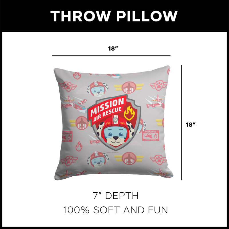 Paw Patrol Pattern Throw Pillow, Soft Decorative Cartoon Character, 18 x 18 Inches, Patrol Marshall, Gray