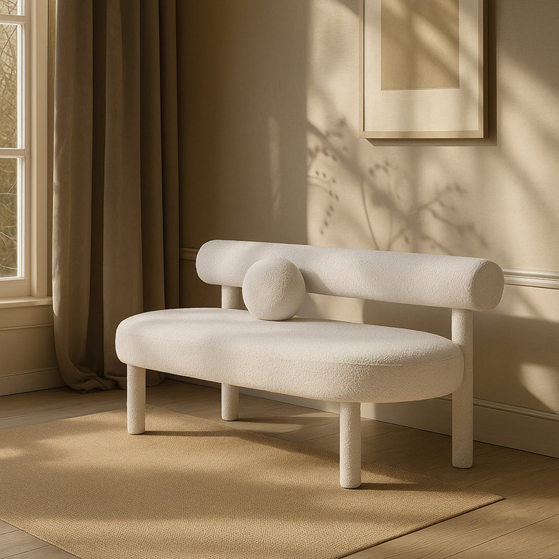 Boucle Upholstered Bench, Cream Boucle Fabric