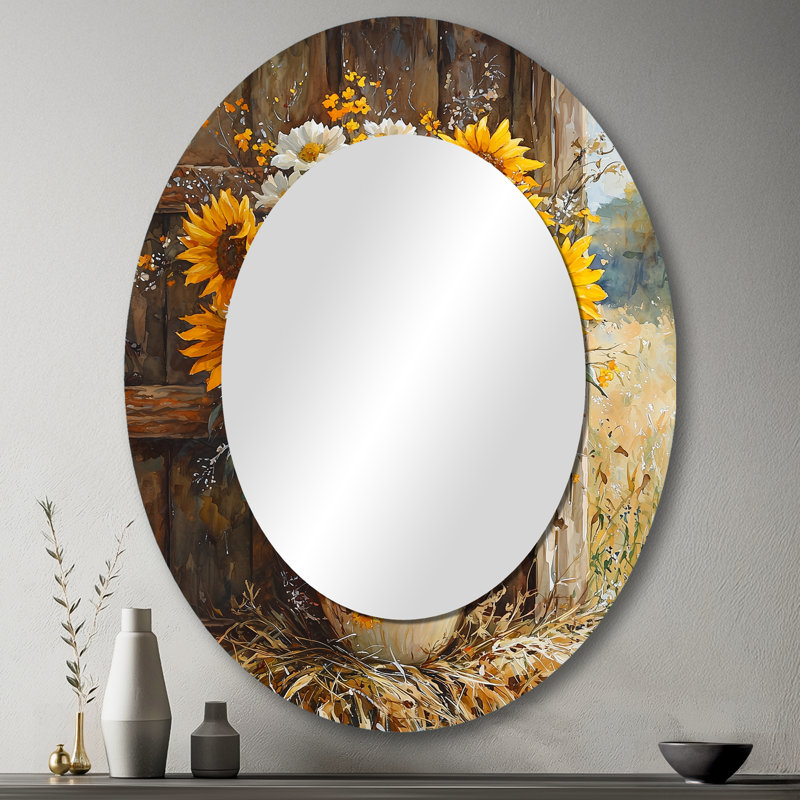 Tournesol et bouquet de pivoines à la ferme I - Miroir décoratif floral ovale sur métal, 43 po x 33 po