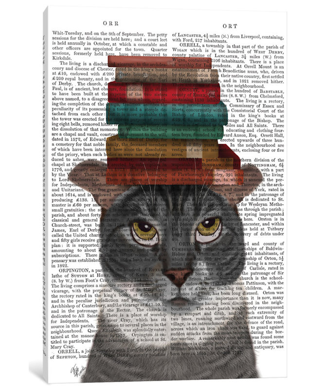 «Gray Cat with Books on Head I», impression sur toile tendue, H 12 po x l 8 po x P 0,75 po, Toile tendue, Pas de tapis