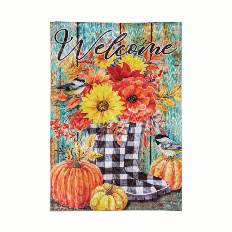 Automne, bienvenue, bottes, moire, drapeau de jardin