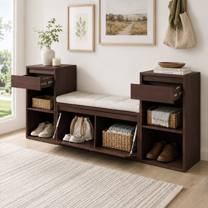 Banc de rangement rustique pour chaussures avec tiroirs rembourrés et tablettes latérales pour le vestibule et le couloir