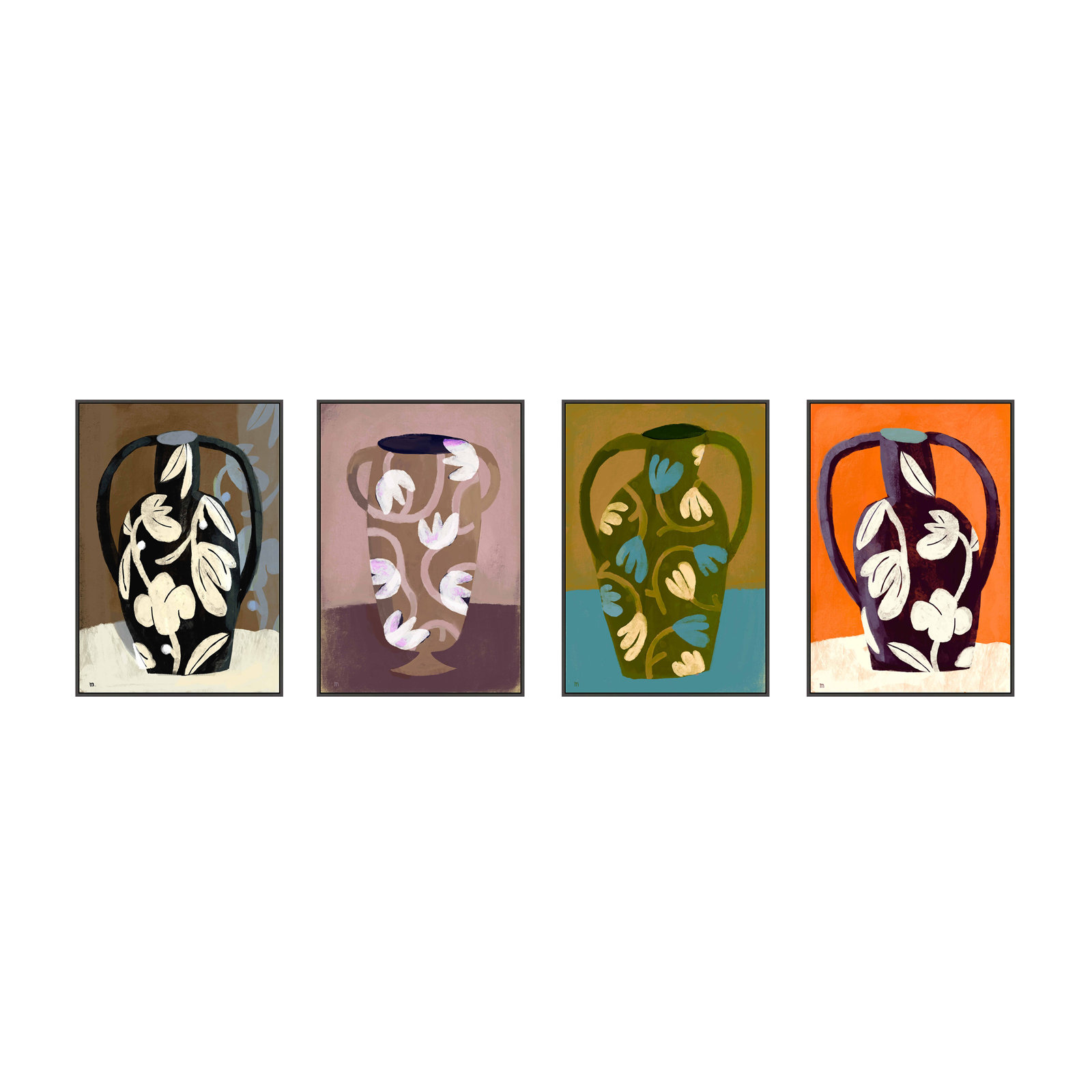 Vases 4-Piece Print Set by Marco Marella, Black Framed Canvas, 30" H x 21" W x 1.25" D
