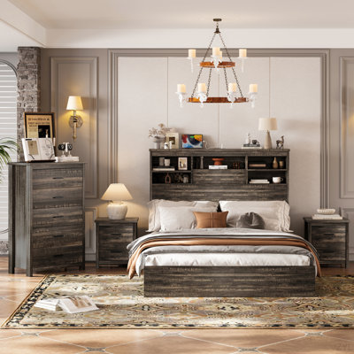 4PCS Bedroom Sets, Wooden Queen Size Bed Frame With Storage Headboard And Charging Station, 2 Nightstands With 2 Drawers, 1 Dresser With 5 Drawers by One Allium Way