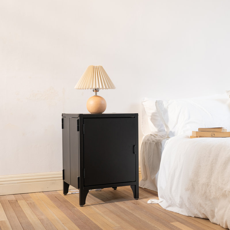 Foldable Metal Night Stand Side Table Cabinet, Black