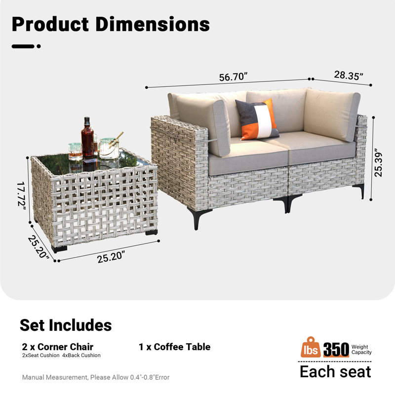 Ensemble de conversation en osier / rotin pour 2 personnes avec table basse lumineuse et coussins Emroy, Beige