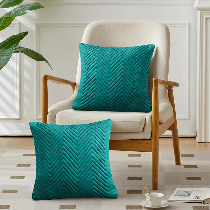 Luxury Velvet Cushion Covers Set of 2 - Embossed Quilted Chevron Cushion Cases for Sofa & Bed Décor , Emerald