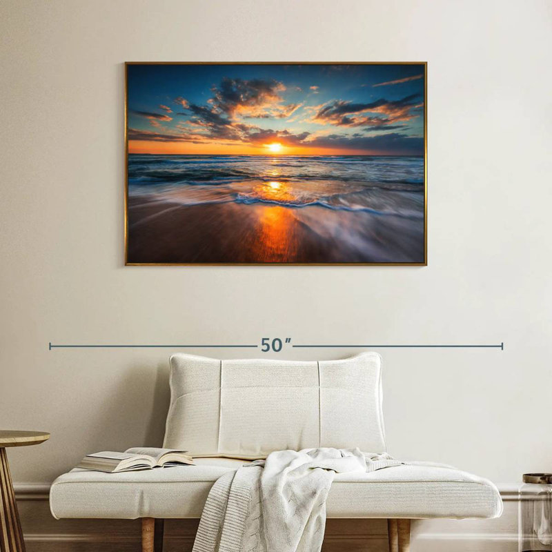 Été, océan, lever de soleil, Cadre flottant doré, 40 po x 27 po