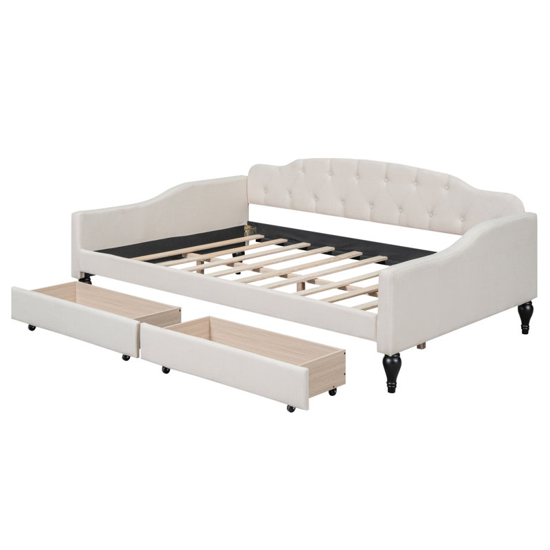 Lit de jour double capitonné capitonné avec lit gigogne simple, beige