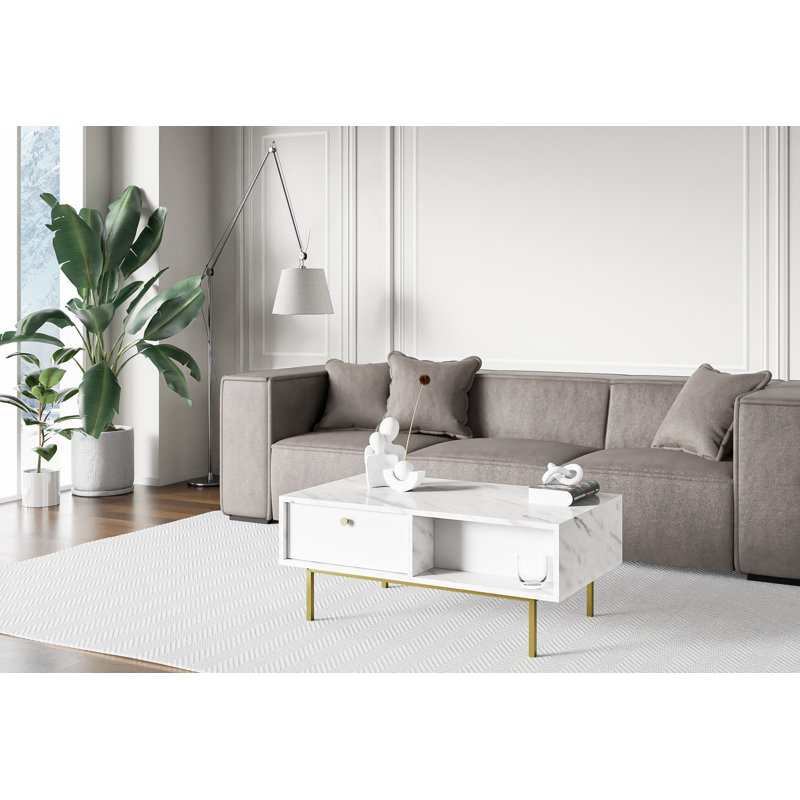 Coffee Table Ketan with Storage Space, White Marble Gloss