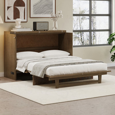Farmhouse Style Queen Size Cabinet Murphy Bed with Charging Station and Large Storage Drawer, Geometric Veneer Foldable Murphy Bed for Home Office, Li -  One Allium Way®, 9588E34D95C6403D9E7208DBBBE8A907