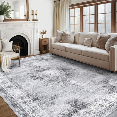 Machine Washable Rugs Oriental Floral Non-Slip Low Pile Rubber Backing Area Rug for Living Room Bedroom Kitchen Dining Room